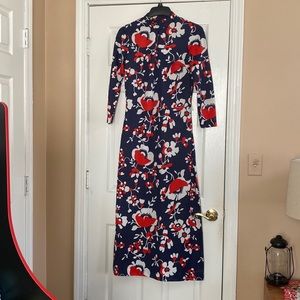 VTG 60’s Red White Navy Blue Floral Print Hawaiian Maxi Dress